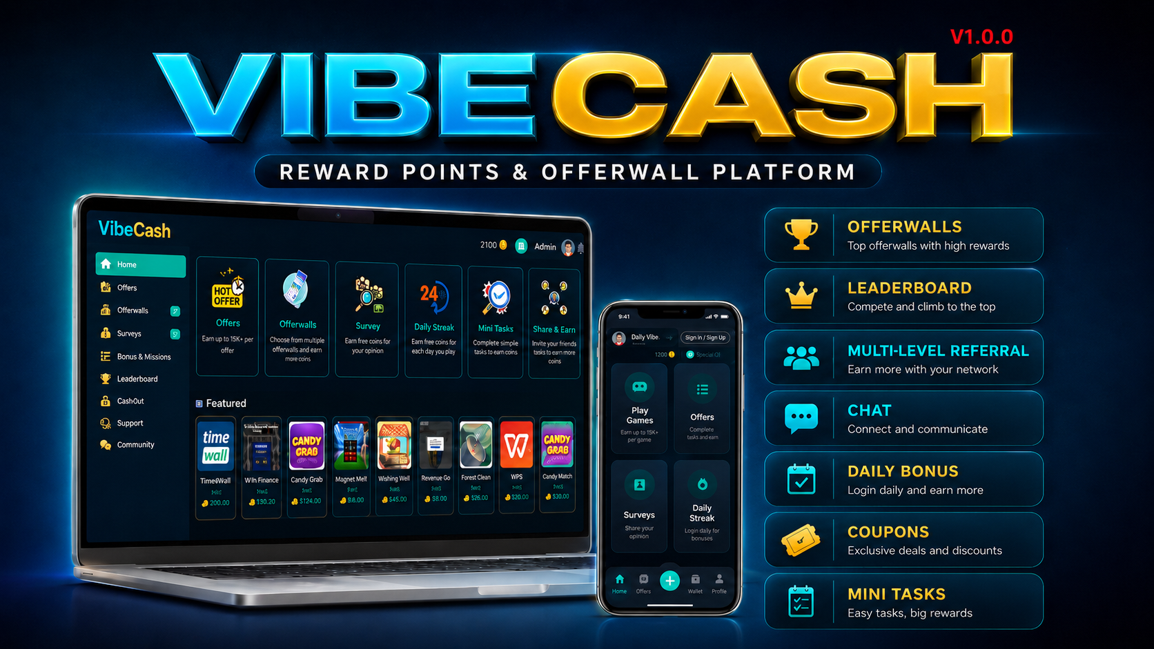 VibeCash - Premium Get-Paid-To (GPT) & Offerwall Platform Script